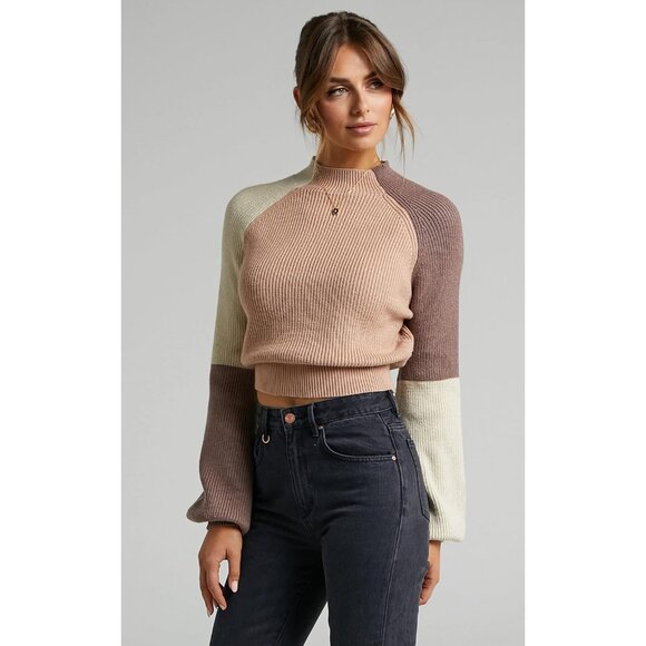 Women's Color Block Cropped Sweater Knitted Pullover Lantern Sleeve Casual - Picture 4 of 6